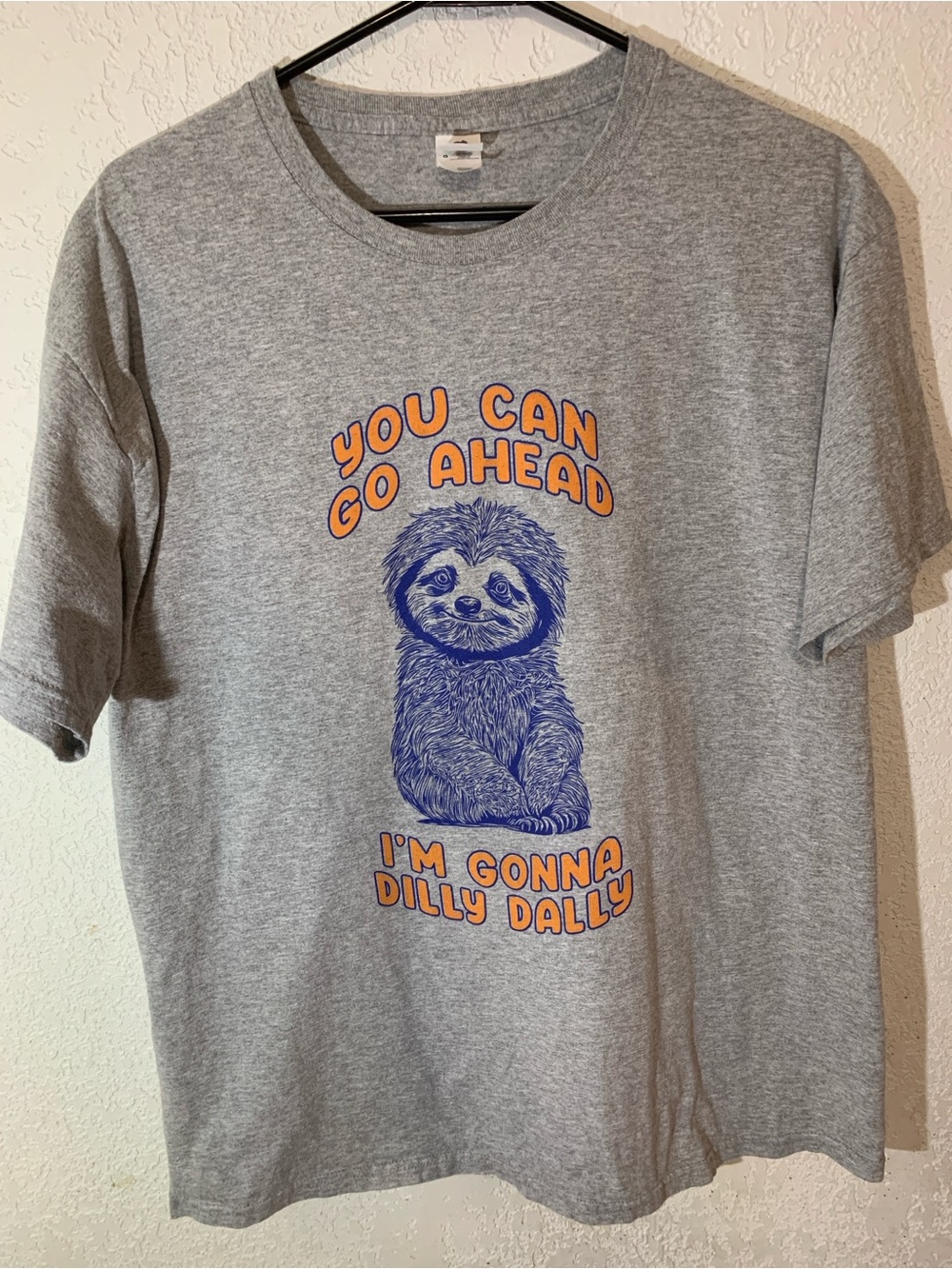 Fruit of the Loom Grey Tee with Blue Sloth Graphic and Orange Text